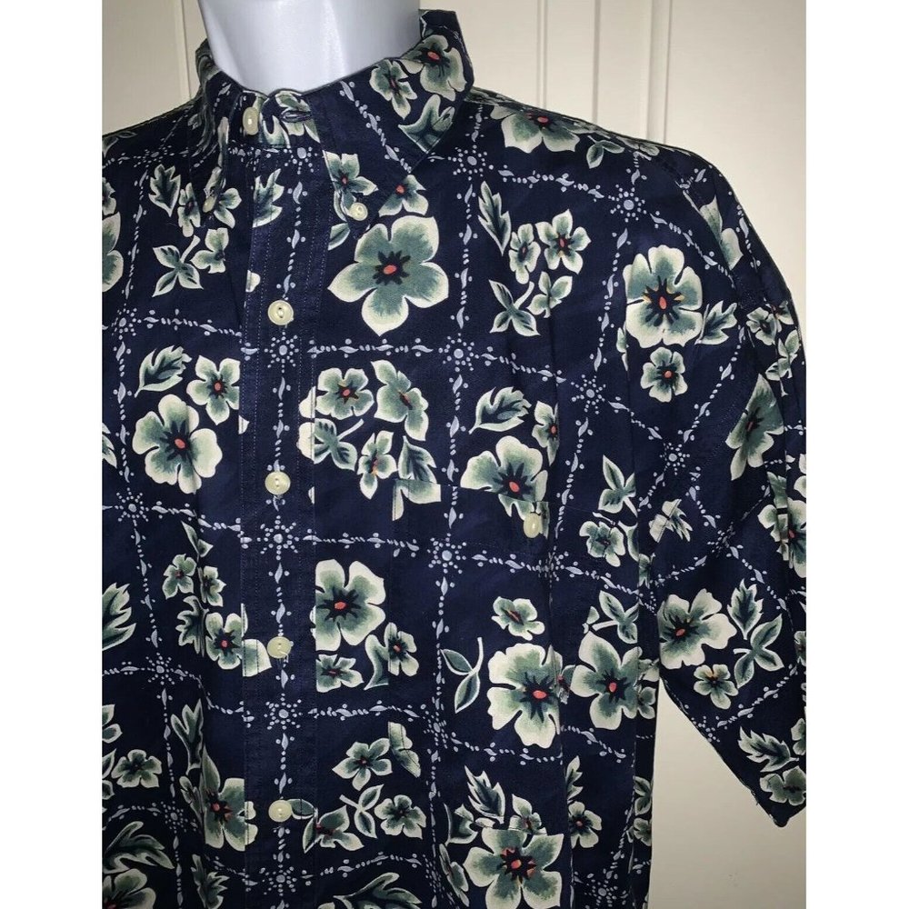VTG Chaps Ralph Lauren Hawaiian Blue White Floral Cotton S/S Shirt Sz LARGE EUC